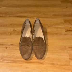 Chloe scallop tan suede block heel